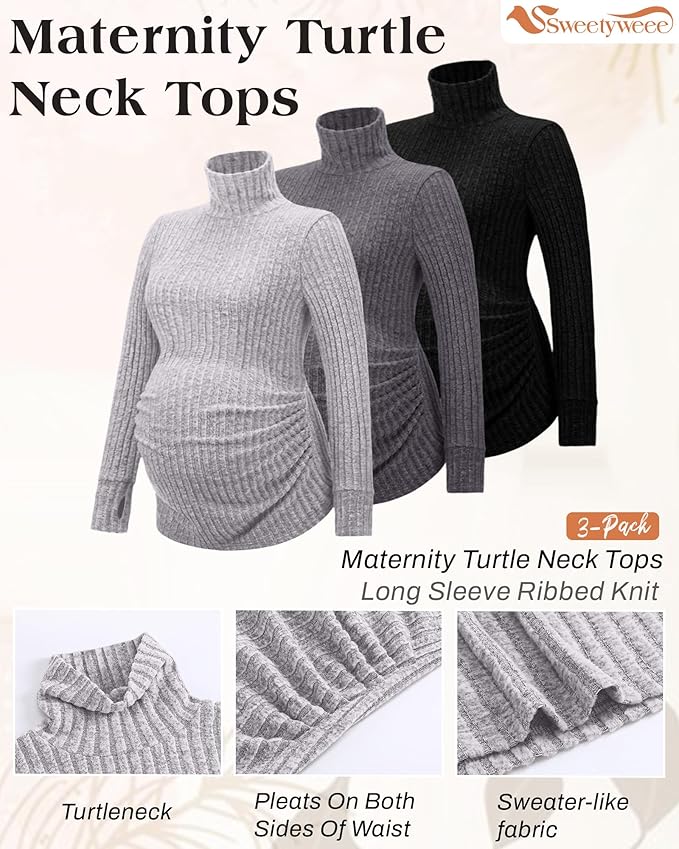 3 Pack Maternity T-Shirts Pregnancy Tops Women Sweater Long Sleeve Turtleneck Ribbed Finger Sleeve Outfits