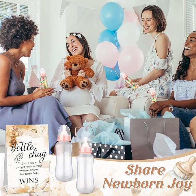 TrelaCo Cool Baby Shower Games Sets 12 Pcs Feeding Bottles with 1 Bottle Chug Sign for Gender Reveal Baby Shower Party Favors Decoration Games(Bear,Brown)