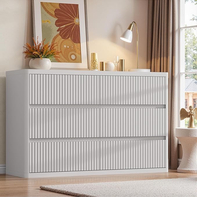 White 6 Drawers Double Dresser, Fluted Dresser for Bedroom, Modern Chest of Drawers with Handleless, Curved Profile Dressers TV Stand, Wood Storage Organizer for Living Room, Hallway