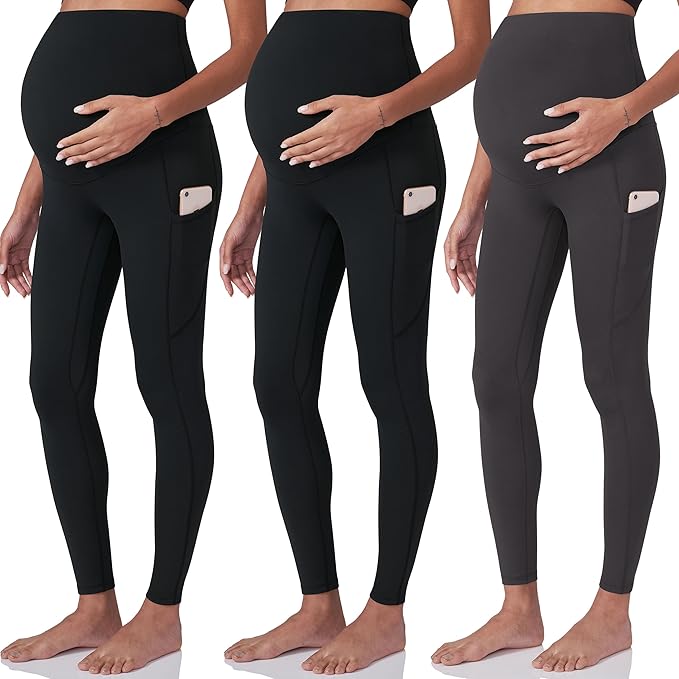 POSHDIVAH 3 Pack Women's Maternity Workout Leggings Over The Belly Pregnancy Yoga Pants with Pockets