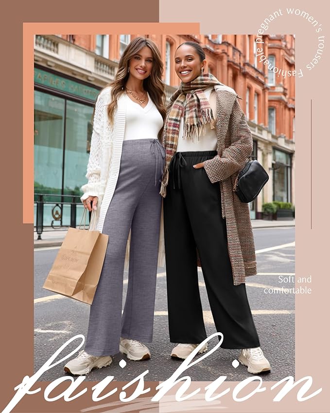 3 Pack Maternity Pants for Women Over The Belly Lounge Work Pregnancy Pants Drawing Wide Leg Trousers with Pockets