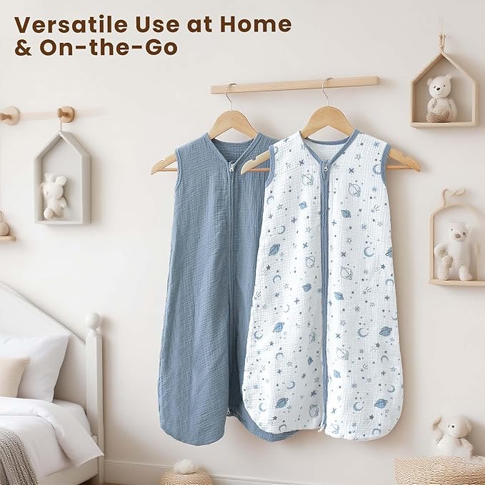 Konssy Muslin Baby Sleep Sack 0-6 Months 0.8 TOG, 2 Pack 100% Cotton Wearable Blanket for Babies, 2-Way Zipper Breathable Sleeping Sack Infant Toddler Essentials for Girls and Boys (Star, Blue)