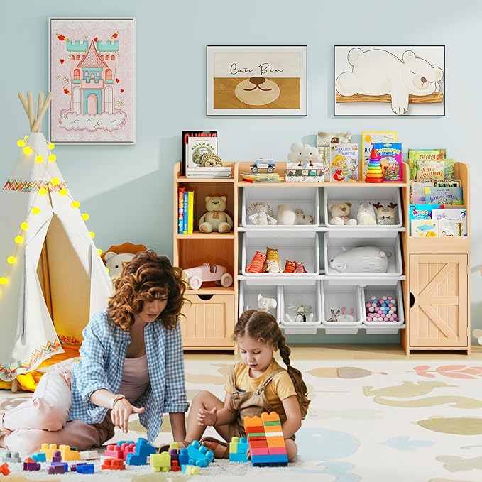 Vabches 55" Large Kids Toy Organizer with 8 Toy Storage Tubs, Storage Boxes and Storage Racks, Tiered Bookshelf and 7 Storage Cubbies, Kids Bookshelf, Playroom Storage and Storage Boxes(Oak)