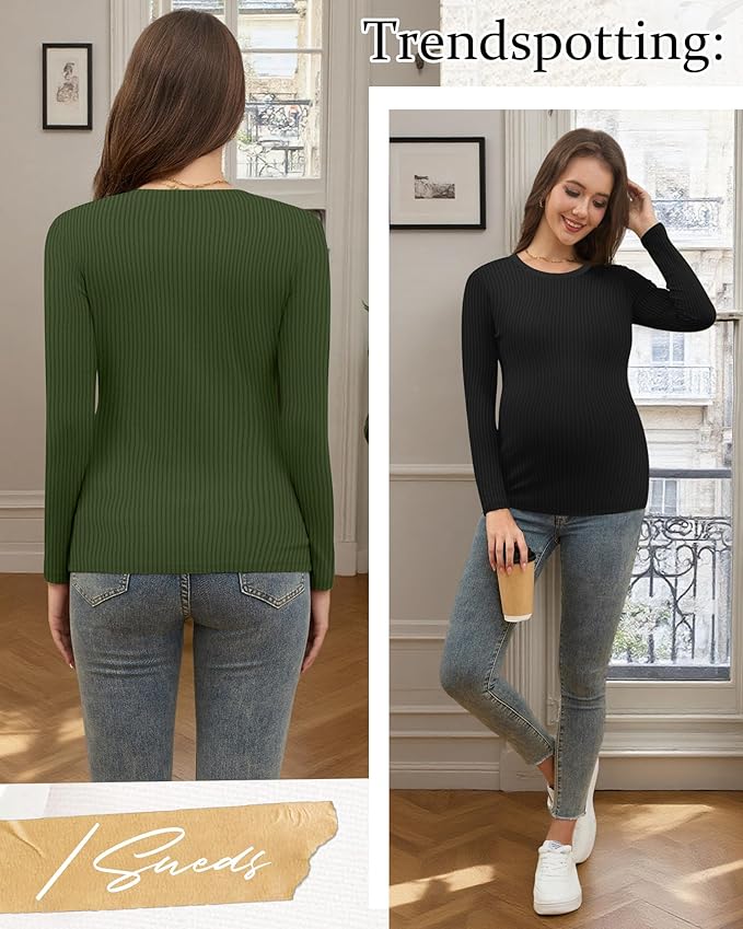 Riyiper 3 Pack Women's Maternity Shirts Long Sleeve Ribbed Knit Pregnancy Tees Cotton Crewneck Tunic Clothes Casual Fall Tops