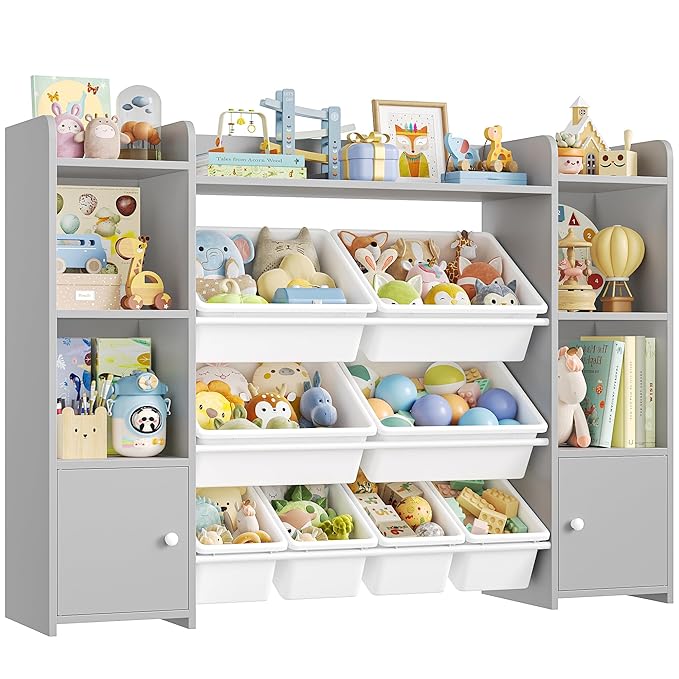FOTOSOK 55''Large Toy Storage Organizer with 8 Toy Bins, Toy Organizers and Storage with Shelf and 6 Storage Cubbies, Bookshelf for Kids, Playroom Organization and Storage Bins, Grey