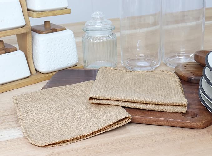 PurpleEssences Dish Cloths and Dish Rags - 8 Pack Waffle Weave Solid Kitchen Dish Wash Cloths, 100% Cotton, 12 x 12 Inches, Ultra Soft Absorbent Quick Drying Fall Thanksgiving - Beige