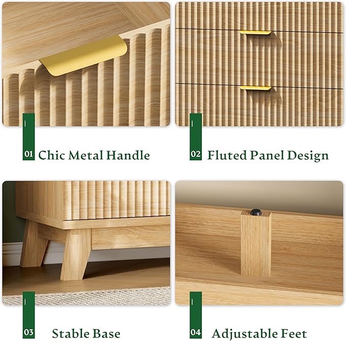 Fluted Dresser with 7 Drawers, 58" Wide Modern Chest of Drawers with Metal Handle, Wooden Dresser TV Stand, Wood Closet Clothes Storage Organizer for Bedroom, Living Room, Hallway, Natural Oak