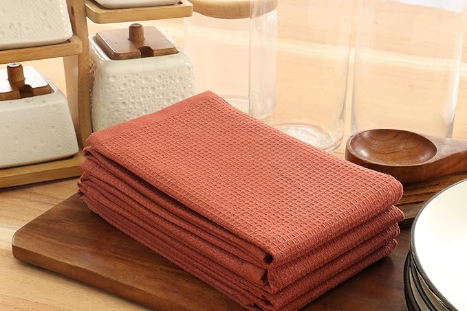 PurpleEssences Rust Waffle Weave Kitchen Towel, 100% Cotton - 15 x 25 Inches, with Hanging Loop Ultra Soft Absorbent Quick Drying Dish Cloth, Tea and Hand Towels, 6 Pack - Fall Thanksgiving - Rust