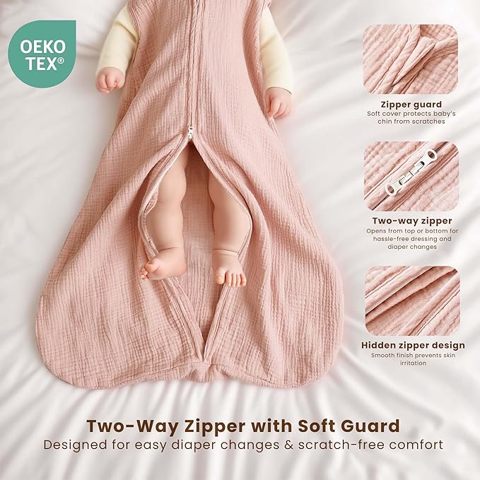 Konssy Muslin Baby Sleep Sack 0-6 Months 0.8 TOG, 2 Pack 100% Cotton Wearable Blanket for Babies, 2-Way Zipper Breathable Sleeping Sack Infant Toddler Essentials for Girls and Boys (Blossom, Pink)