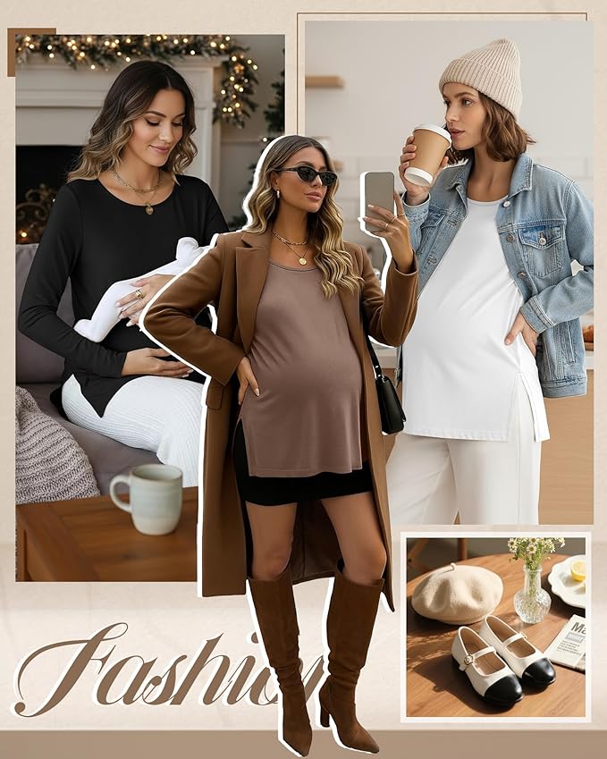 Riyiper 3 Pack Women's Maternity Long Sleeve T-Shirts Round Neck Side Split Tops Loose Casual Pregnancy Mama Clothes Fall
