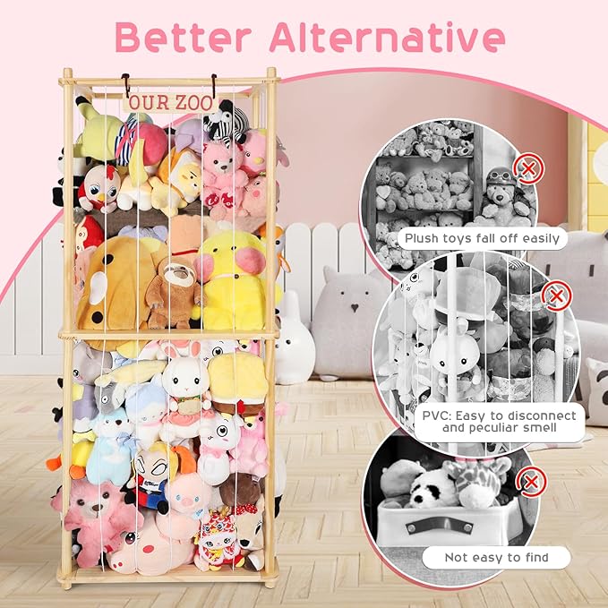 Extra Large Stuffed Animal Storage for Corner Organizer,Premium Wooden Material with Elastic Cord Hold Up to 250 Plush Toys,Stuffed Zoo Animal Holder and Collection for Playroom-Birthday
