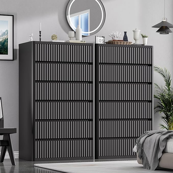 Black 56" Tall Dresser for Bedroom, Fluted Modern 6 Drawers Deep Dressers, Wood Chest of Drawers with Handleless, Curved Profil Storage Closet Dressers for Bedroom, Living Room, Hallway