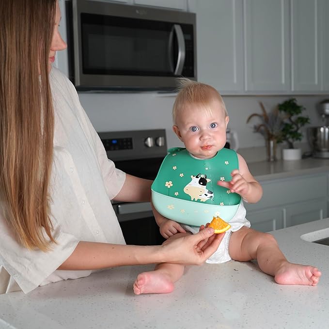 Silicone Baby Bibs Unisex, Self-Feeding, Catch-all Large Pocket, 6-48 months, BPA-Phthalate Free, w/Travel Case