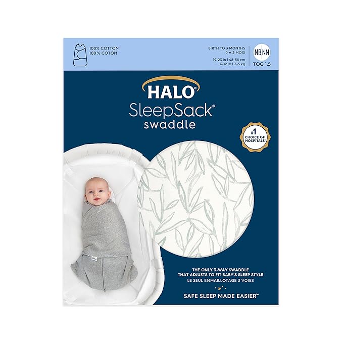 HALO 100% Cotton Sleepsack Swaddle, 3-Way Adjustable Wearable Blanket, TOG 1.5, Leaves, Newborn, 0-3 Months