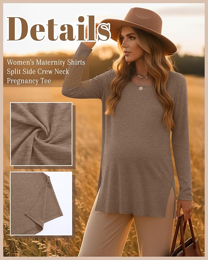 Riyiper 3 Pack Women's Maternity Long Sleeve T-Shirts Round Neck Side Split Tops Loose Casual Pregnancy Mama Clothes Fall
