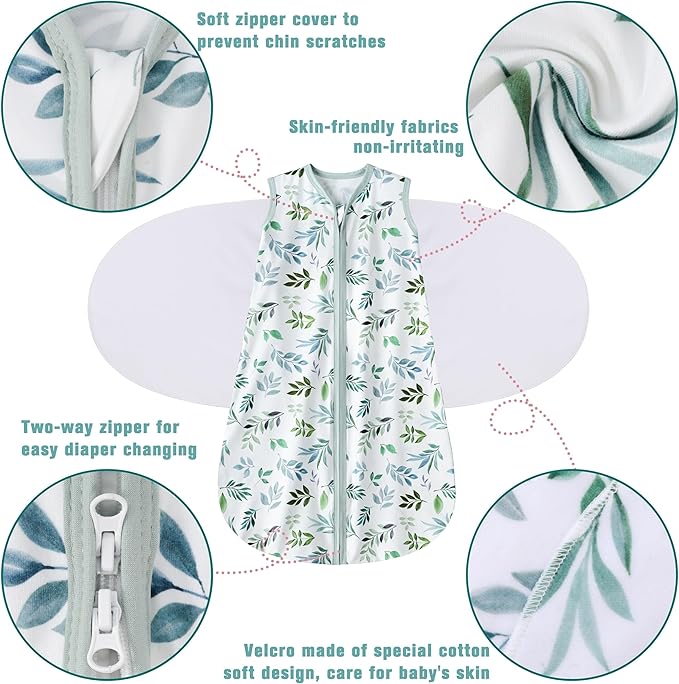 Newborn Sleep Sack Baby Swaddle,Swaddle me 0-3 Month,3-Way Adjustable Wearable Blanket,100% Rayon Cotton Swaddling Sleeping Bag，TOG 0.5 (Leaf, 0-3 Months)