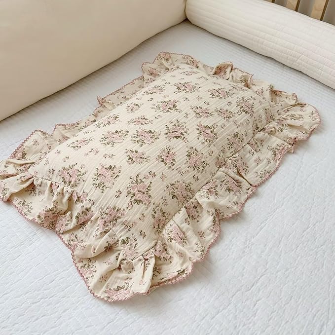 BuLuTu Cotton Muslin King Pillow Case, Chic Shabby Pink Floral Print Pillowcase for Teens Adults Children, French Country Ruffled Edges Pillow Cases,20x36 inch, 1 Piece, Pink Peony