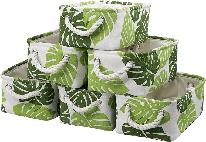 Organization and Storage Basket for Shelves - Small 6 Pack Fabric Storage Bin Collapsible Baskets for Organizing with Handle for Cloth Decorative Laundry Canvas (Banana Leaf 12x8x5.2 inch)