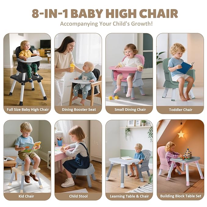 Baby High Chair, 8 in 1 Convertible Highchairs for Babies and Toddlers, Children Dining Booster Seat/Kids Building Block Table for Girls Boys, Baby Seat with Removable Tray, Pink