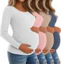 Riyiper 4 Pack Women's Maternity Shirts, Long Sleeve Cotton Ribbed Pregnancy Tee Top Crewneck Side Ruched Casual Mama Clothes