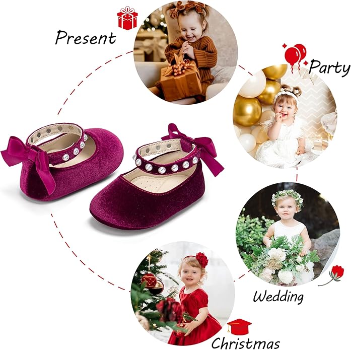 Baby Girls Mary Jane Flats - Infant Newborn Walking Shoes Soft Rubber Sole Princess Wedding