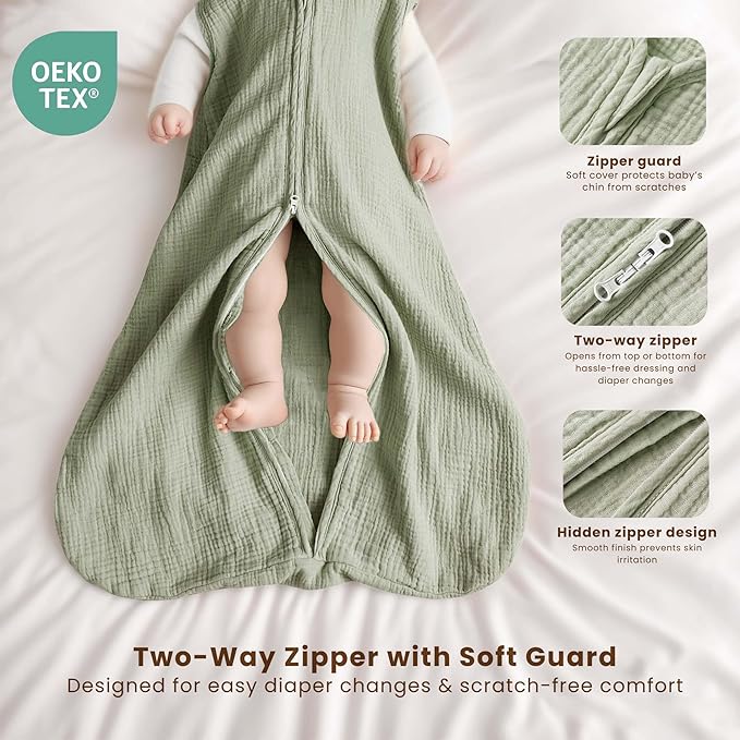Konssy Muslin Baby Sleep Sack 6-12 Months 0.8 TOG, 2 Pack 100% Cotton Wearable Blanket for Babies, 2-Way Zipper Breathable Sleeping Sack Infant Toddler Essentials for Girls and Boys (Woodland,Sage)