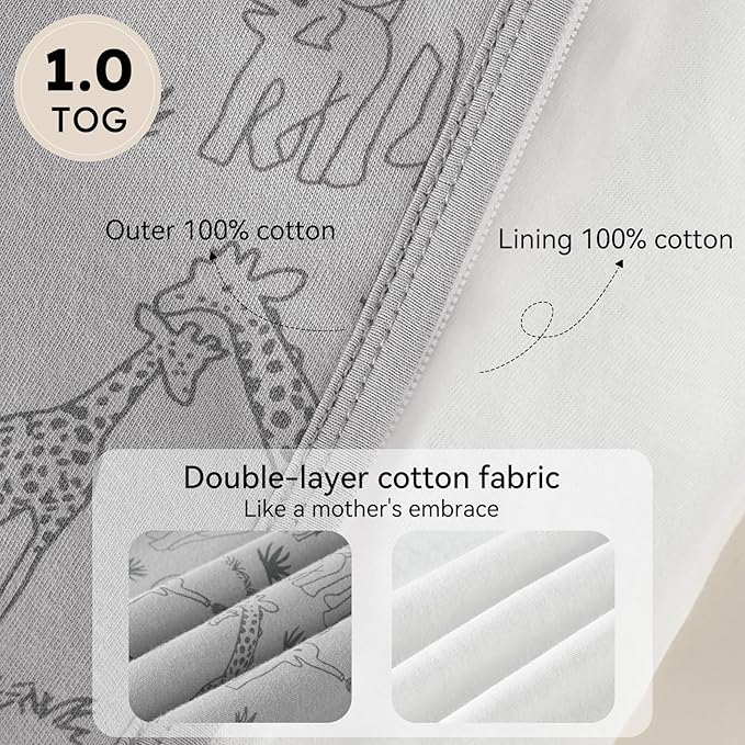 Baby Sleep Sack 18-24 Months 1.0 Tog Baby Wearable Blanket 100% Cotton Sleeping Sack with 2-Way Zipper for Toddler Infant Apricot & Gray Elephant