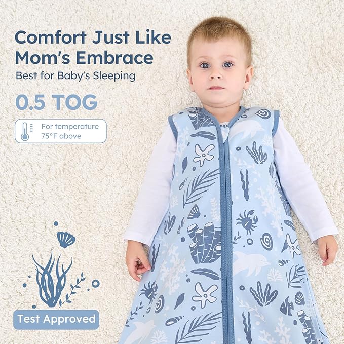 Baby Sleep Sack 0-6 Months 100% Cotton Lightweight 0.5 TOG Wearable Blanket Baby Sleep Bag with 2-Way Zipper for Newborn Infant Blue Dolphin
