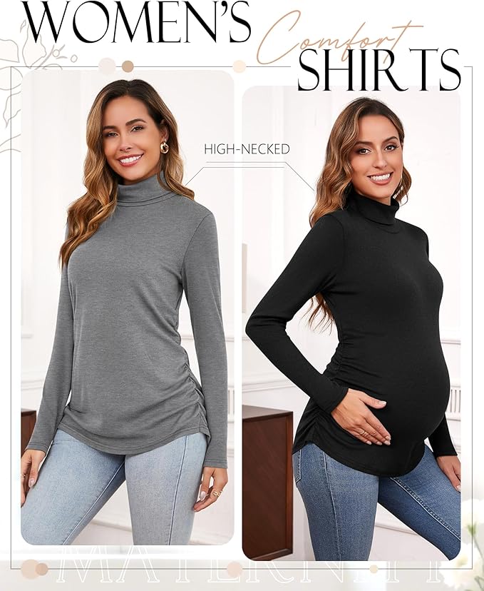 Ficerd 3 Pack Women's Maternity Shirts, Turtleneck Long Sleeve Pregnancy Tops Casual Side Ruched Maternity Tees Mama Clothes