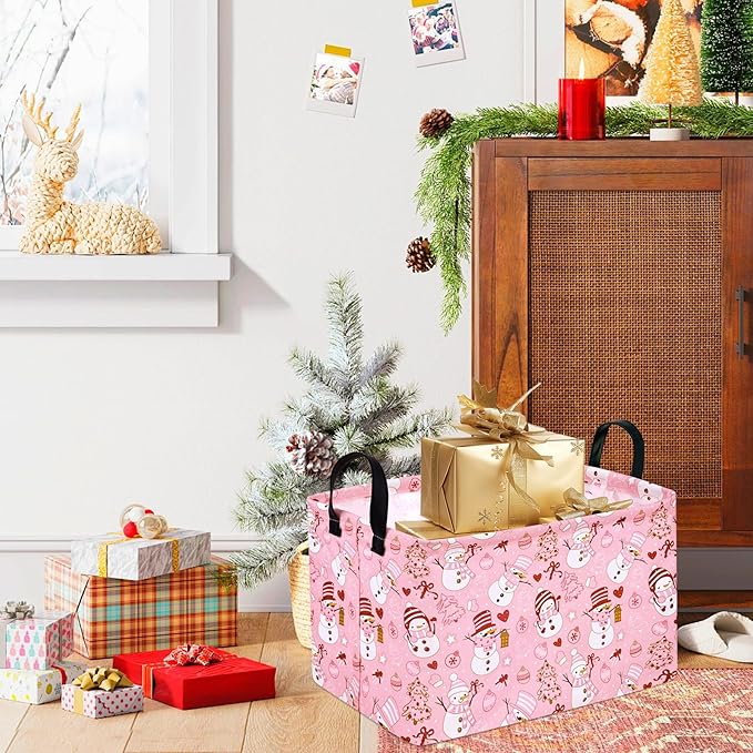 Rectangle Basket, Kids Organizer, Pink Snowman Pattern Toy Storage Cube, Clothes Storage Box With Handles for Room Decor