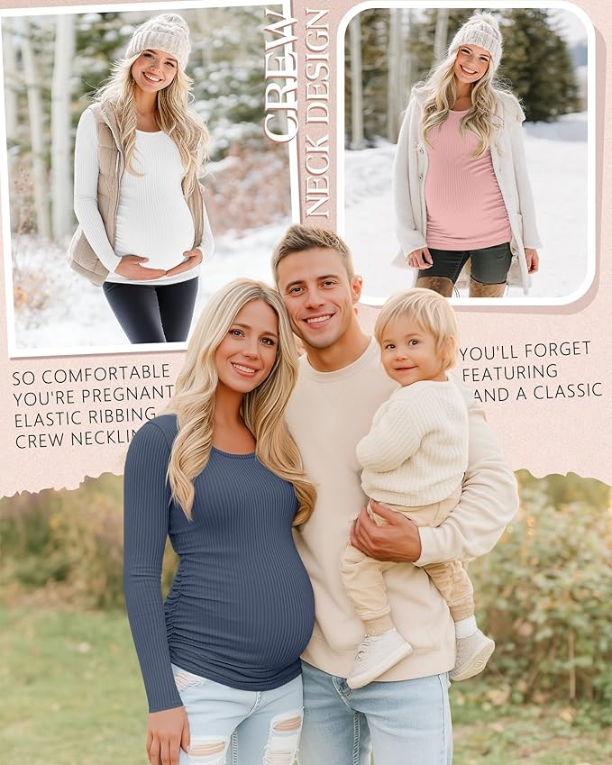 Riyiper 4 Pack Women's Maternity Shirts, Long Sleeve Cotton Ribbed Pregnancy Tee Top Crewneck Side Ruched Casual Mama Clothes