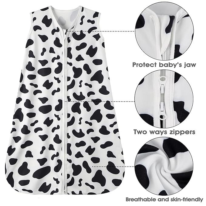 Baby Sleep Sack 6-12 Months Baby Wearable Blanket 100% Rayon Cotton 2-Way Zipper Toddler Sleeping Sack，Comfy Soft Lightweight TOG 0.3（Cow Print）
