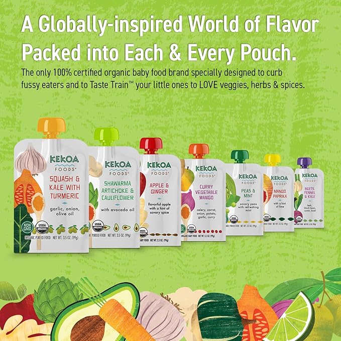 Kekoa Foods Squash & Kale with Turmeric Baby Food Purée | 100% USDA Certified-Organic Vegetarian | Organic, Non-GMO, Gluten-Free, Vegan | Flavorful & Nutritious First Food for Babies | 3.5 oz 36 Pack