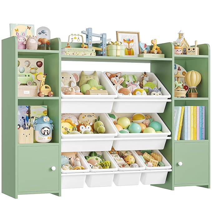 FOTOSOK 55''Large Toy Storage Organizer with 8 Toy Bins, Toy Organizers and Storage with Shelf and 6 Storage Cubbies, Bookshelf for Kids, Playroom Organization and Storage Bins, Green