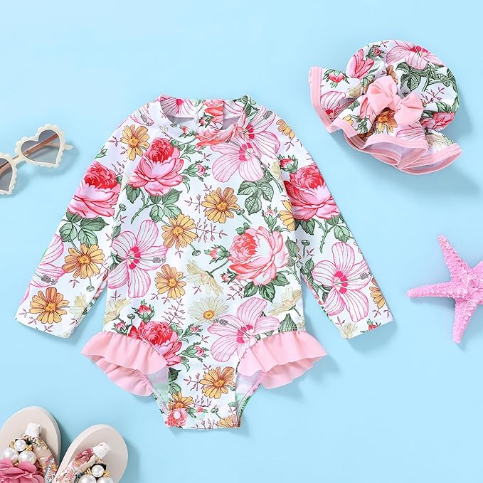 Infant Baby Girl Swimsuit One-Piece Long Sleeve Rash Guard with Hat Set Floral Zipper Bathing Suit Leopard Beach Wear