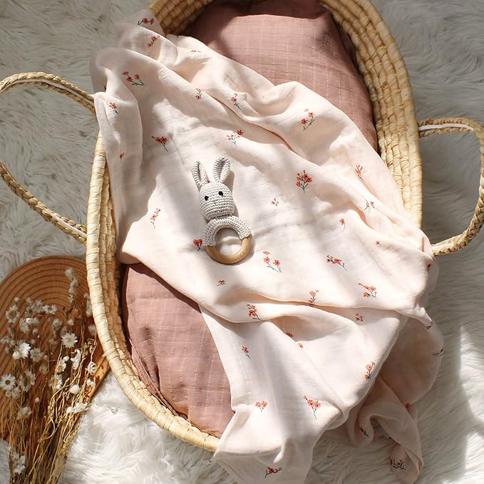 LifeTree Baby Girl Swaddle Blankets, Muslin Swaddling Wrap Receiving Blanket for Newborn, Organic Cotton, Large 47 x 47 inches, Solid Color/Flower Print