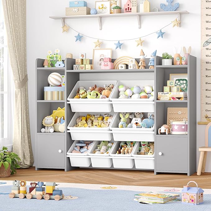 FOTOSOK 55''Large Toy Storage Organizer with 8 Toy Bins, Toy Organizers and Storage with Shelf and 6 Storage Cubbies, Bookshelf for Kids, Playroom Organization and Storage Bins, Grey