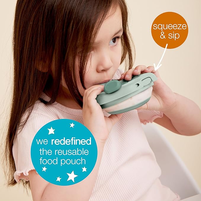 b.box Fill + Feed (Sage) | Reusable Baby Food Pouch | For Babies & Toddlers 4m+ | Silicone/Nylon Pouch, BPA-Free Lid | Dishwasher & Microwave Safe | 110mL (3.7oz, ½ Cup) Capacity
