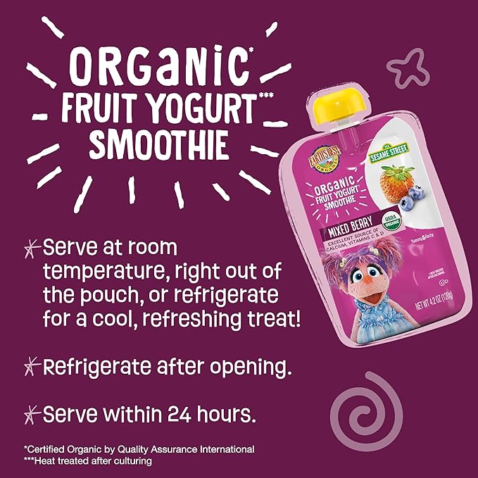 Earth's Best Organic Yogurt Smoothie Pouches, 24+ Months, Fruit and Yogurt Smoothie for Kids, Mixed Berry, 4.2 Ounce Resealable Pouch (Pack of 12)