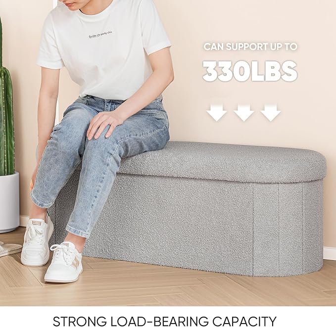 B FSOBEIIALEO Ottoman with Storage for Living Room, Sherpa Folding Storage Ottoman Foot Rest, 43.3 Inches Collapsible Bedroom Bench Grey
