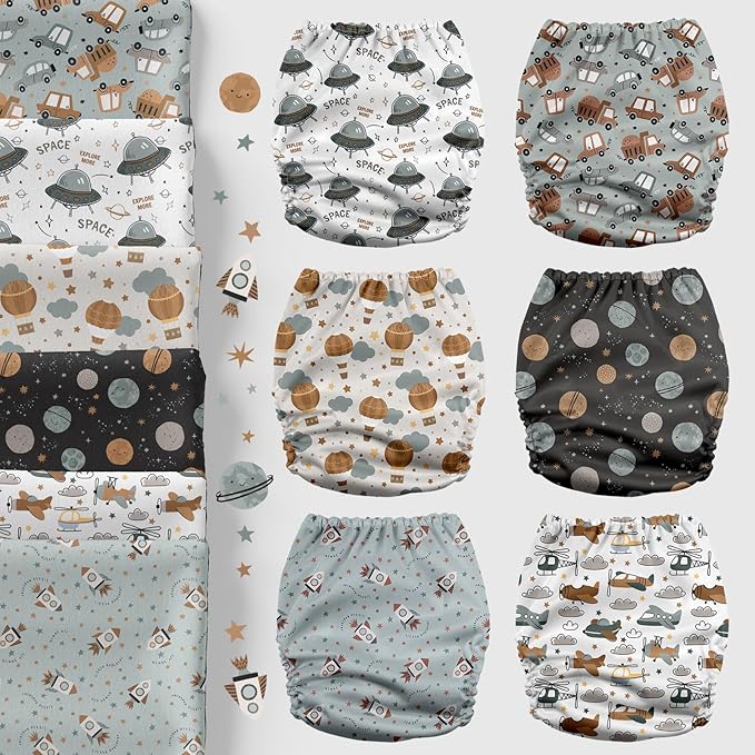 Mama Koala 3.0 Cloth Diapers for Babies with AWJ Lining, 6 Pack with 6 Natural Cloth Diaper Inserts - Reusable and Washable Pocket Diapers (Space Ranger)