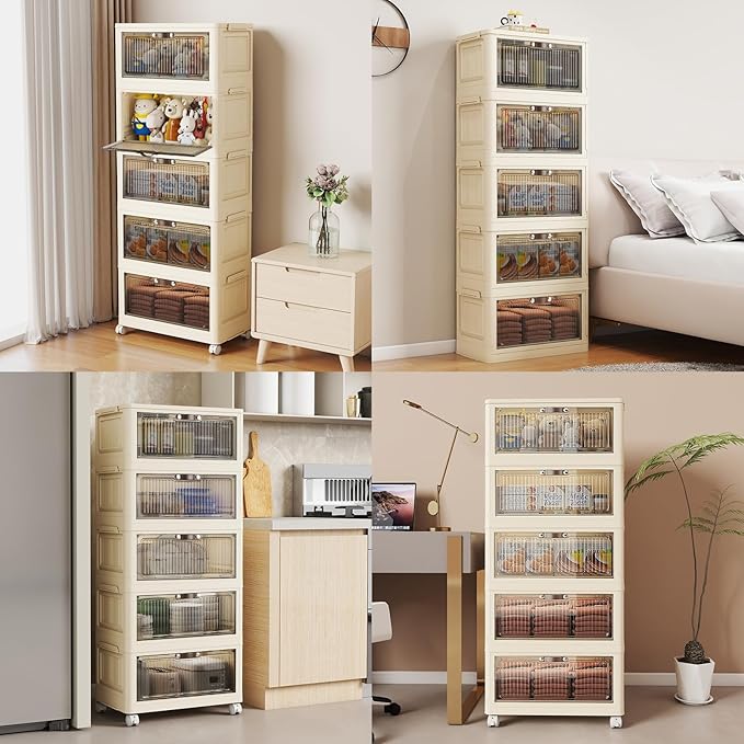 5 Tier - 48QT Storage Bins with Lids, Collapsible Storage Bins with Doors and Wheels, Plastic Storage Cabinet for Easy Storage and Organization for Living Room, Office