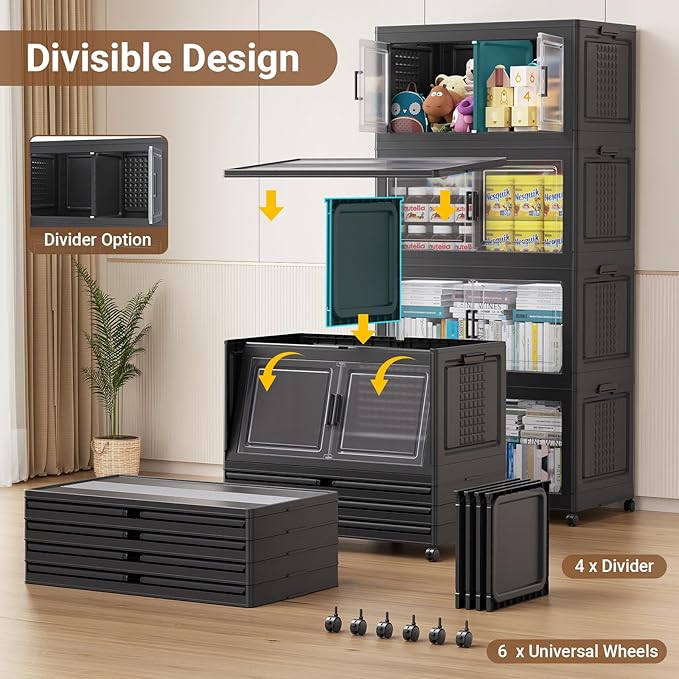 BROVIEW 800Qt Plastic Storage Bins with Lid and Wheels, 4Pack Extra Large Stackable Storage Bins with Dividers,Closet Organizers and Storage Cabinet Collapsible Box Shelves for Home Kitchen,Black