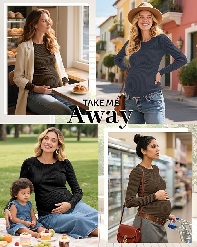 Riyiper 3 Pack Women's Maternity Shirts Long Sleeve Ribbed Knit Pregnancy Tees Cotton Crewneck Tunic Clothes Casual Fall Tops