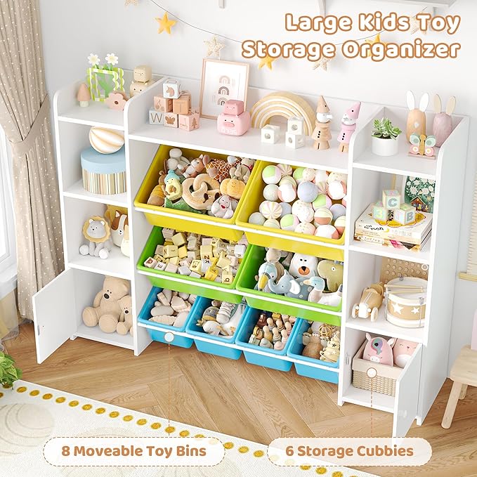 FOTOSOK 55''Large Toy Storage Organizer with 8 Toy Bins, Toy Organizers and Storage with Shelf and 6 Storage Cubbies, Bookshelf, Playroom Organization and Storage Bins, White/Green
