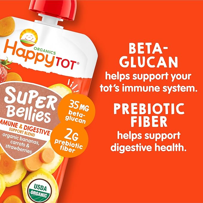 Happy Tot Organics Super Bellies Stage 4, Organics Banana, Carrot and Strawberry (Pack of 16) & Stage 4 Fiber & Protein 4 Flavor Variety Pack (Pack of 16)