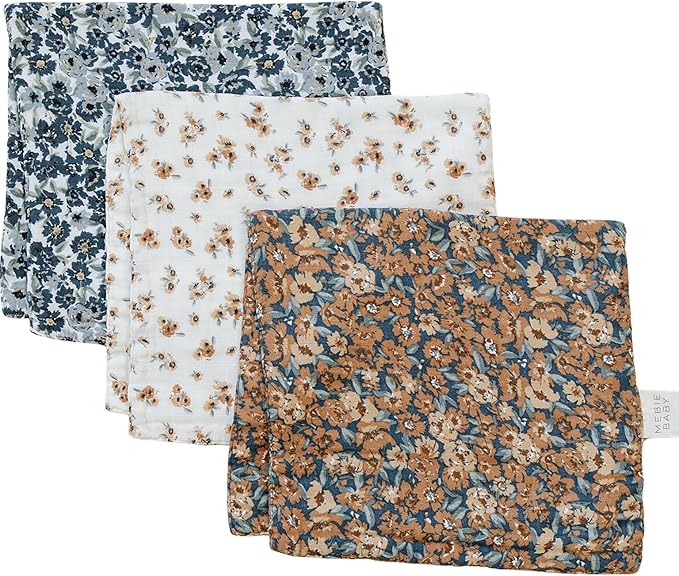 Mebie Baby Burp Cloths, Vintage Florals, Muslin Burp Cloth Set for Spit Up, Drool, and More, Boho Burp Cloths for Baby Boy and Girl, Baby Must Haves for Registry Lists and Gifts for Newborns