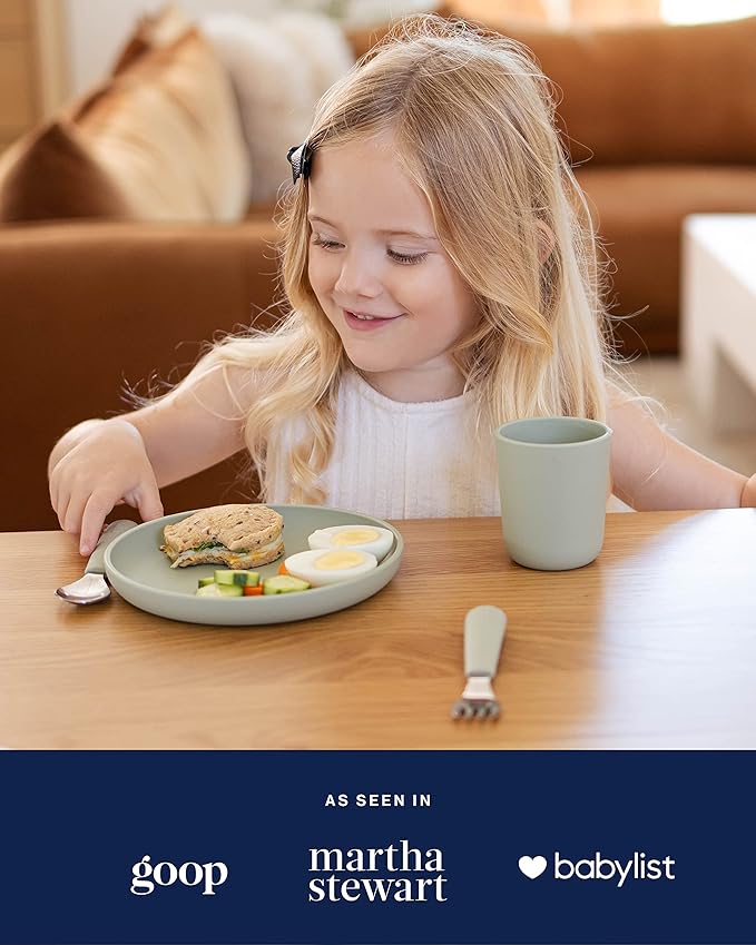 Lalo Big Bites Kids Dinnerware Starter Set - Dishwasher Safe, BPA Free, Kids Tableware Set - Includes Stackable Bowl, Plate, Utensils & Cup - 5 Pieces - Lavender