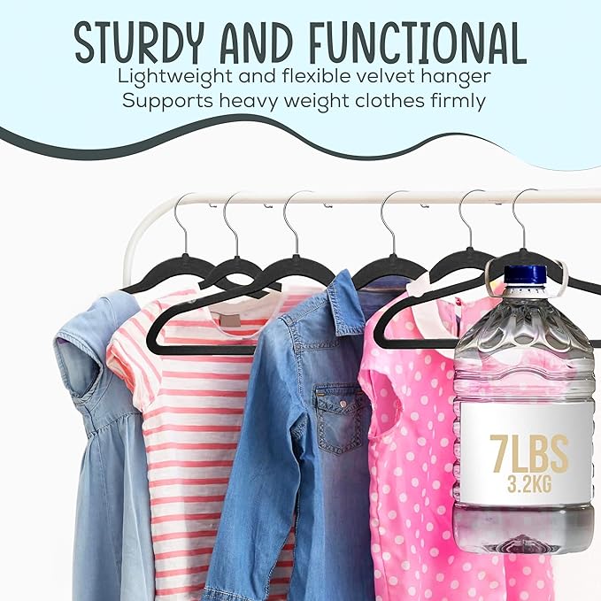 25 Premium Kids Velvet Hangers - 14" Non-Slip Clothes Hangers for Kids & Preteens - Ultra Slim, Space-Saving, Strong & Durable Hangers with 360° Swivel Hook - Black