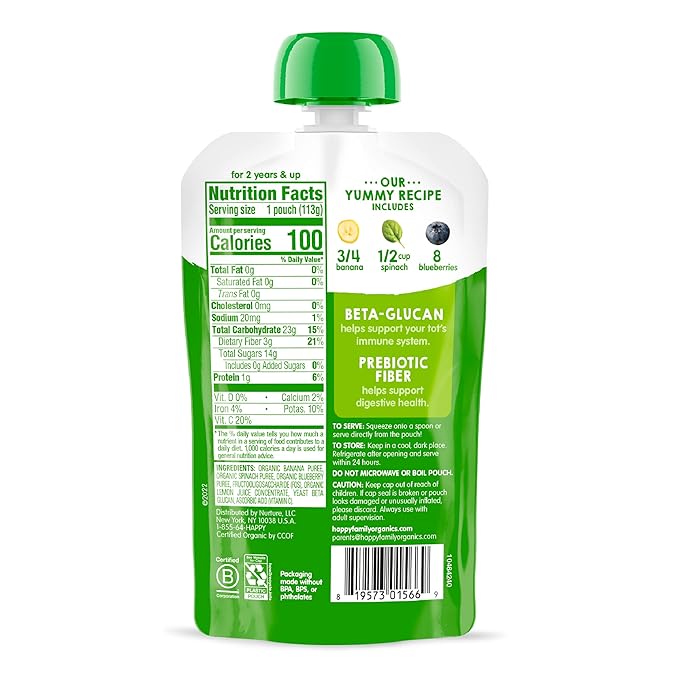 Happy Tot Organics Stage 4 Baby Food Pouches, Gluten Free, Vegan Snack, Super Bellies, Fruit & Veggie Puree, Banana, Spinach & Blueberries 4 Ounce (Pack of 16)